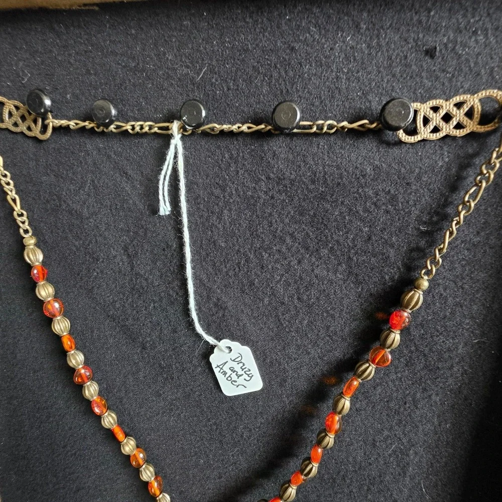 Bohemian‎ Druzy and Amber Stone Pendant Necklace Brass Tone Chain